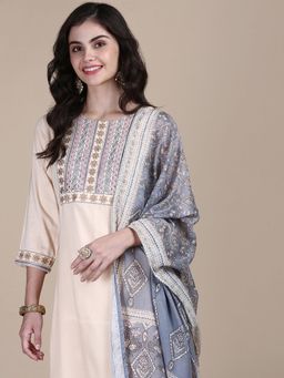 SHOWOFF - Women's Solid Cream Straight Kurta and Patiala with Dupatta (Set of 3)