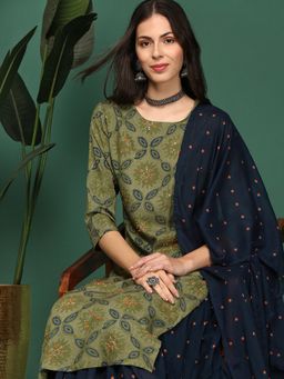 SHOWOFF - Women's Floral Green Straight Kurta and Skirt with Dupatta (Set of 3)