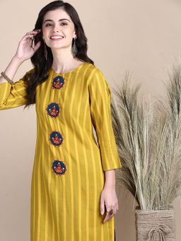 SHOWOFF - Women's Striped Mustard Straight Kurta and Palazzo (Set of 2)