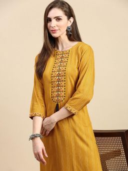 SHOWOFFFF - Women's Striped Mustard Straight Kurta and Pant (Set of 2)
