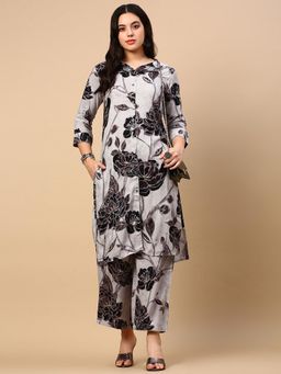 SHOWOFF - Women's Floral Grey Straight Kurta and Palazzo (Set of 2)