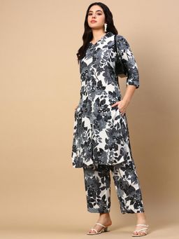 SHOWOFFFF - Women's Floral Grey Straight Kurta and Palazzo (Set of 2)