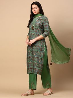SHOWOFF - Women's Ethnic Motifs Green Straight Kurta and Pant with Dupatta (Set of 3)