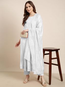SHOWOFF - Women's Solid White Anarkali Kurta and Pant with Dupatta (Set of 3)