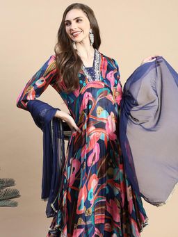 SHOWOFF - Women's Floral Navy Blue Kurta and Pant with Dupatta (Set of 3)
