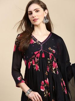 SHOWOFF - Women's Floral Black Kurta and Pant with Dupatta (Set of 3)