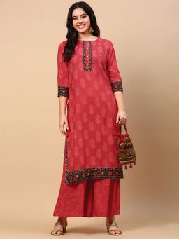 SHOWOFF - Women's Paisley Red Straight Kurta and Palazzo (Set of 2)