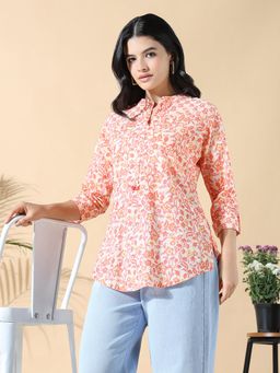SHOWOFF - Women Mandarin Collar Floral Peach Straight Kurti