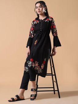 SHOWOFF - Women Black Floral A-Line Kurta