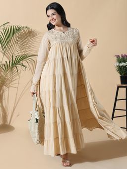 SHOWOFF - Women Beige Solid Anarkali Kurta with Inner (Set of 2)