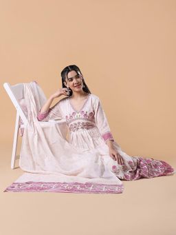 SHOWOFF - Women Off White Floral Anarkali Kurta with Dupatta (Set of 2)