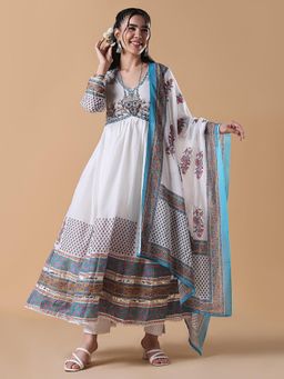 SHOWOFF - Women White Ethnic Motifs Anarkali Kurta with Dupatta (Set of 2)