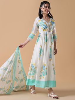 SHOWOFF - Women White Floral Anarkali Kurta with Dupatta (Set of 2)