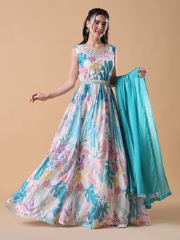 SHOWOFFFF - Women Blue Floral Anarkali Kurta with Belt and Dupatta (Set of 3)