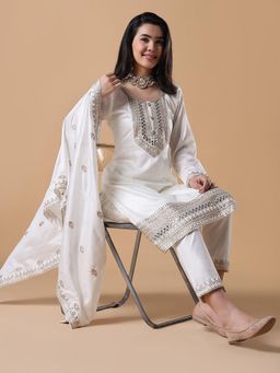 SHOWOFF - Women Embroidered Straight Zari White Kurta with Trouser and Dupatta (Set of 3)