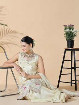 SHOWOFFFF - Women Floral Straight Thread Work Cream Kurta with Palazzo and Dupatta (Set of 3)