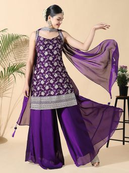SHOWOFFFF - Women Straight Thread Work Purple Kurti with Palazzo and Dupatta (Set of 3)