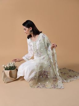 SHOWOFF - Women Embroidered Straight White Kurta with Trouser and Dupatta (Set of 3)