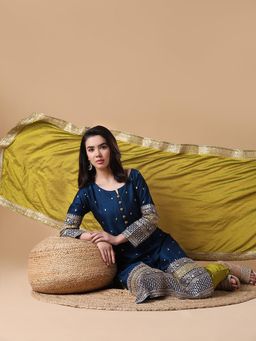 SHOWOFF - Women Ethnic Motifs Straight Sequinned Blue Kurta with Trouser and Dupatta (Set of 3)