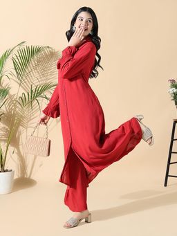 SHOWOFF - Women Solid A-Line Red Kurta with Palazzo (Set of 2)