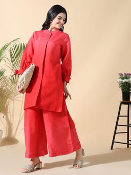 SHOWOFFFF - Women Solid Straight Red Kurta with Palazzo (Set of 2)
