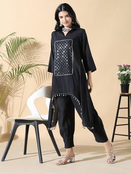 SHOWOFF - Women Embellished A-Line Black Kurta with Trouser (Set of 2)