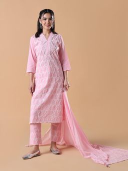 SHOWOFF - Women Abstract Straight Thread Work Pink Kurta with Trouser and Dupatta (Set of 3)