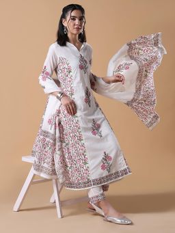 SHOWOFF - Women Floral A-Line White Kurta with Trouser & Dupatta with Inner (Set of 4)