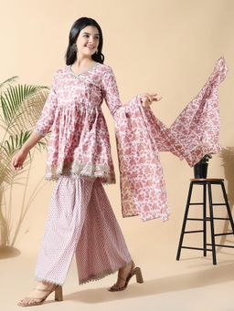 SHOWOFF - Women Floral Pink Anarkali Kurti with Sharara and Dupatta (Set of 3)