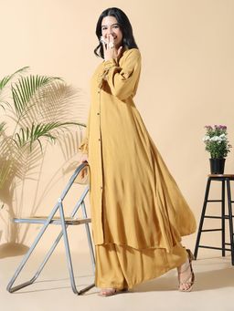 SHOWOFFFF - Women Solid A-Line Mustard Kurta with Palazzo (Set of 2)