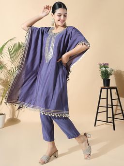 SHOWOFFFF - Women Solid Mirror Work Purple Kaftan with Trouser (Set of 2)