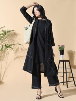 SHOWOFF - Women Solid A-Line Kantha Work Black Kurta with Trouser and Shrug (Set of 3)