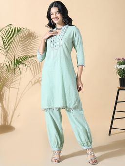SHOWOFF - Women Solid Straight Mirror Work Green Kurta with Salwar (Set of 2)