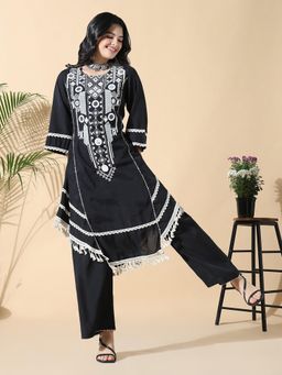 SHOWOFF - Women Ethnic Motifs A-Line Mirror Work Black Kurta with Trouser (Set of 2)
