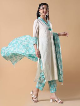 SHOWOFF - Women Printed Straight Off White Kurta with Trouser and Dupatta (Set of 3)