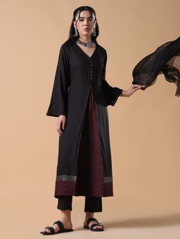 SHOWOFF - Women Woven Black Anarkali Kurta with Trouser and Dupatta (Set of 3)