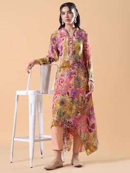 SHOWOFF - Women Floral A-Line Peach Anarkali Kurta with Trouser (Set of 2)