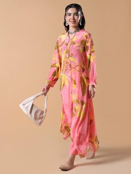 SHOWOFF - Women Floral A-Line Pink Anarkali Kurta with Trouser (Set of 2)