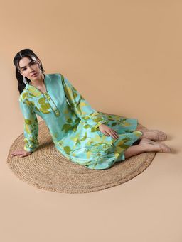 SHOWOFFFF - Women Floral A-Line Green Anarkali Kurta with Trouser (Set of 2)