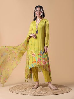 SHOWOFF - Women Floral Green Anarkali Kurta with Trouser and Dupatta (Set of 3)