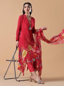 SHOWOFF - Women Floral Pink Anarkali Kurta with Trouser and Dupatta (Set of 3)