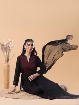 SHOWOFF - Women Woven Black Anarkali Kurta with Trouser and Dupatta (Set of 3)