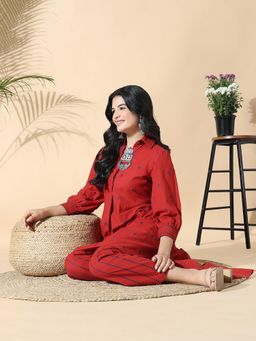 SHOWOFF - Women Geometric Anarkali Red Kurta with Trouser (Set of 2)