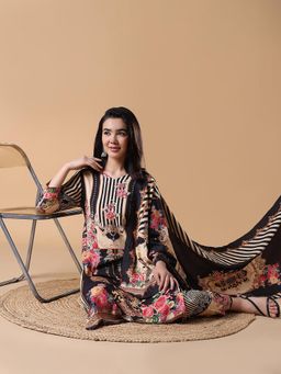 SHOWOFF - Women Floral Straight Black Kurta with Trouser and Dupatta (Set of 3)