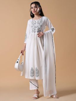 SHOWOFF - Women Floral White Anarkali Kurta with Trouser and Dupatta (Set of 3)