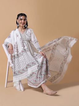 SHOWOFF - Women Thread Work White Anarkali Kurta with Trouser & Dupatta (Set of 3)