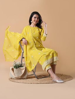 SHOWOFFFF - Women Floral Straight Thread Work Yellow Kurta with Trouser and Dupatta (Set of 3)