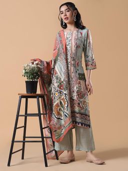 SHOWOFF - Women Floral Straight Sequinned Green Kurta with Trouser and Dupatta (Set of 3)
