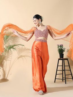 SHOWOFF - Women Embellished Straight Orange Top with Palazzo (Set of 2)