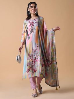 SHOWOFF - Women Floral Straight Pink Kurta with Trouser and Dupatta (Set of 3)